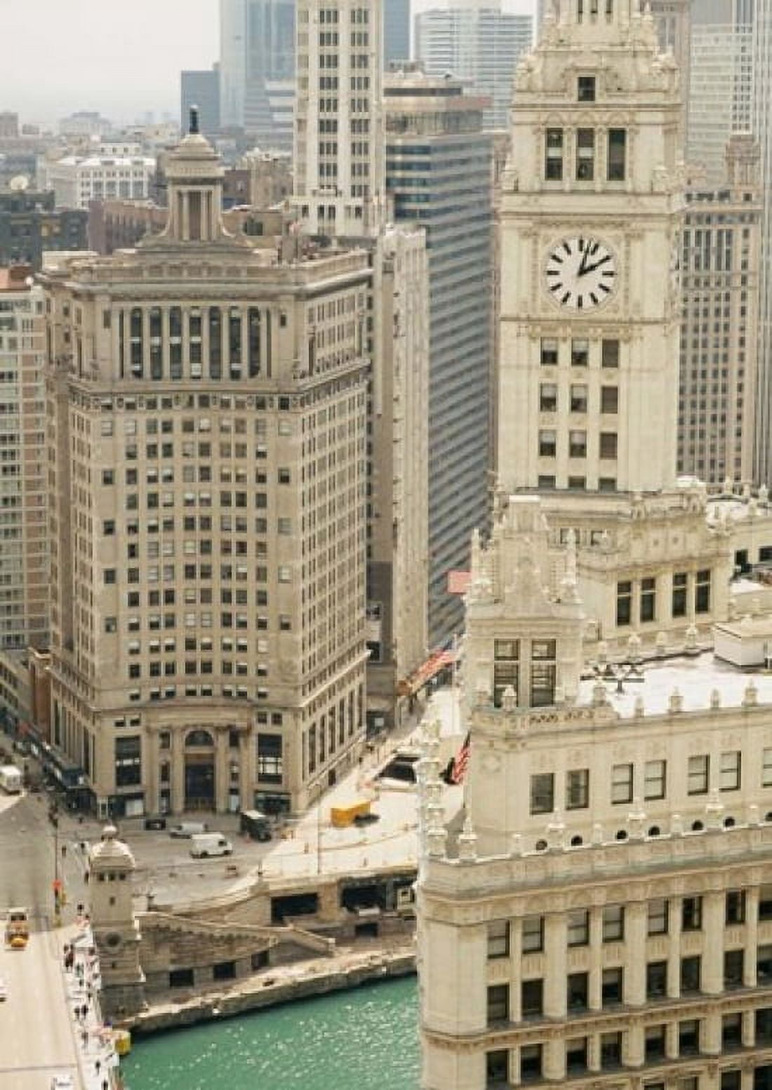 Clock tower along a river Wrigley Building Chicago River Chicago Illinois USA Canvas Art - Panoramic Images (12 x 17)