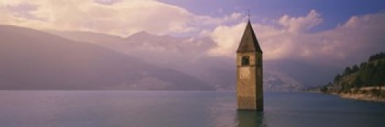 Clock tower in a lake Reschensee Italy Canvas Art - Panoramic Images (36 x 12)