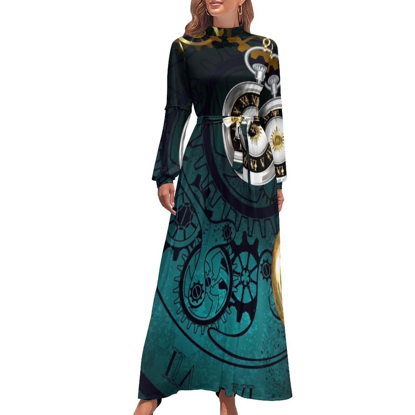 Clock with Gears on Green Background ( Steampunk ) Long Dress women ...