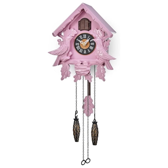 Clock with Night Mode, Singing , Wooden Decorations and Swinging Pendulum (Pink)