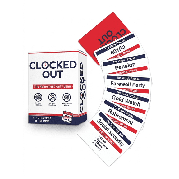 Clocked Out Retirement Party Game, 76 Trivia Cards for Farewell Events, Office Sendoffs, Milestone Celebrations, Team Guessing Rounds, Forbidden Word Clues, Fast 60 Second Play, Gift Ready Deck