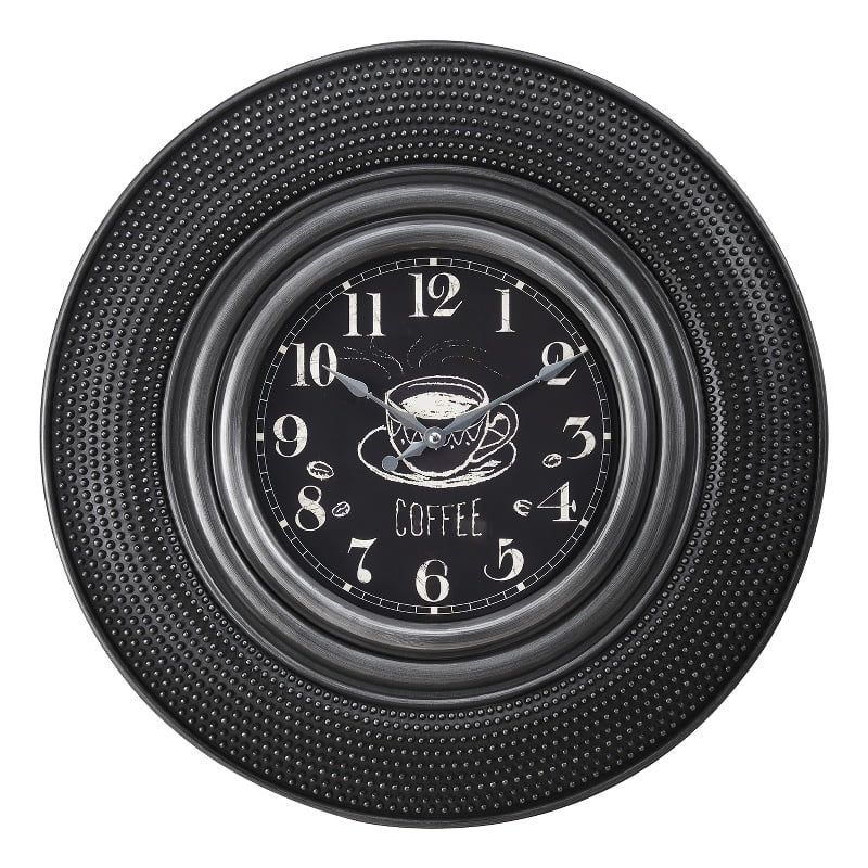 Charcoal Gray 20" Round Wall Clock with Coffee Chalkboard Design