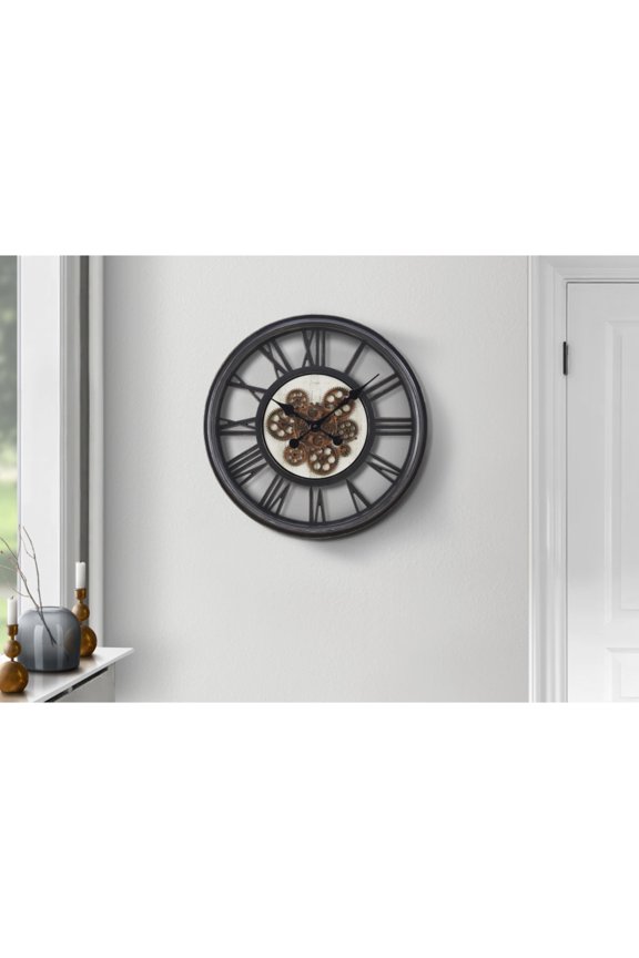 Clocks, 20" Round, Gear Mechanism, Wall Clock, Black, Transitional