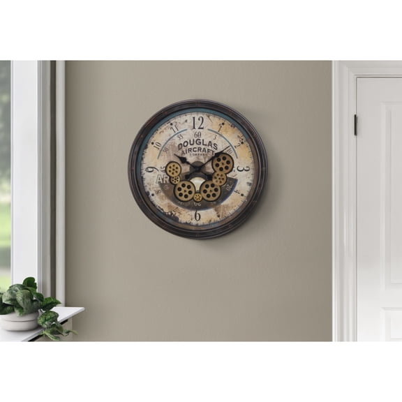 Clocks, 20" Round, Gear Mechanism, Wall Clock, Brown, Transitional
