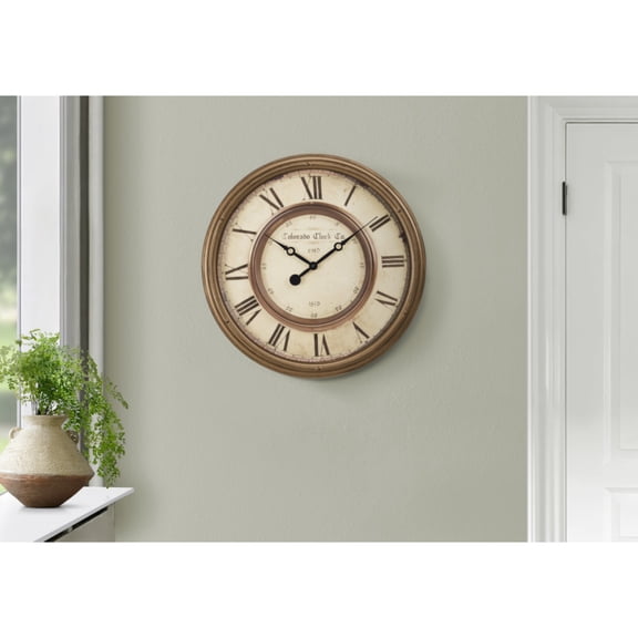 Clocks, 20" Round, Wall Clock, Antique Brown, Transitional