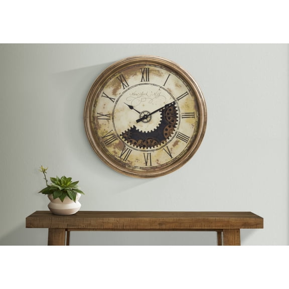 Clocks, 30" Round, Gear Mechanism, Large Oversized, Wall Clock, Antique Gold, Transitional