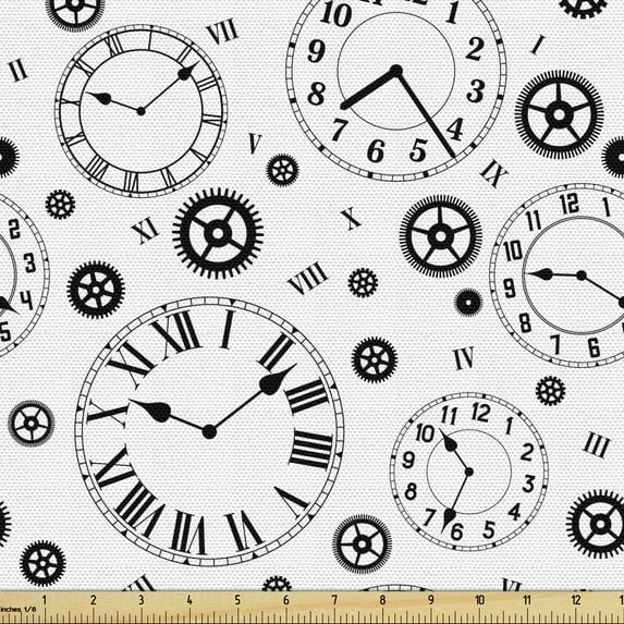 Ambesonne Clocks Fabric by the Yard Upholstery, Time Mechanism Gears, 3 Yards, Black White