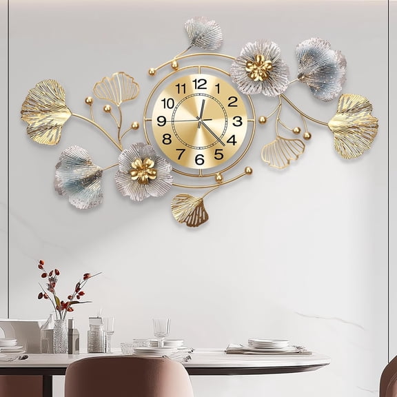 Clocks For Living Room Large Wall Clock 3d Silent Retro Metal Ginkgo Leaf Design Bedroom Kitchen Decorative Clocks(32''x18'' )