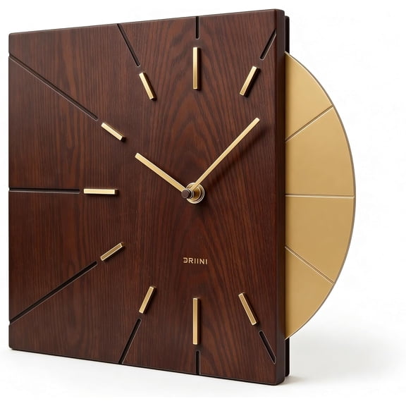 Clocks Mid Century Modern Wall Clock - Square Wood Clock with Decorative Gold Accent- Unique and Cool Clock, Battery Operated - MCM Decor & Decorative Wall Clock for Mid Century Modern Decor.
