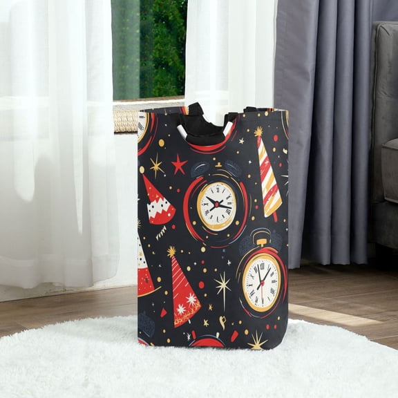 Clocks and Party Hats Foldable Laundry Hamper 12.6x11x22.7in with Handles for Bathroom Bedroom Storage