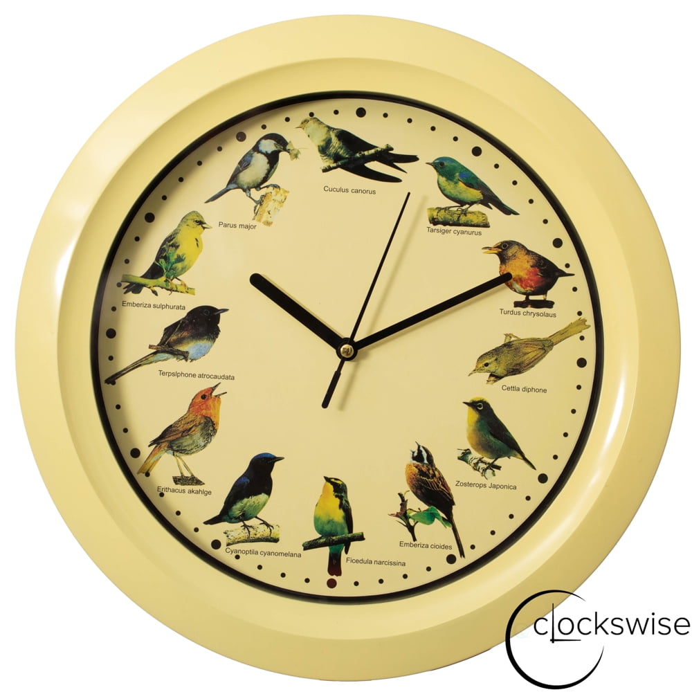 Clockswise 12" Round Decorative Singing Bird Wall Clock Battery-Operated with Wild Nature Sounds Hourly Chime and Non-Ticking for Home Office Kitchen Dining Bedroom Classroom and Living Spaces, Yellow