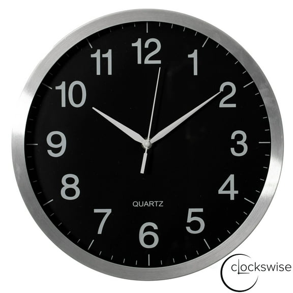 Clockswise 12-in Round Quartz Wall Clock Non-Ticking Battery Operated with Silent Sweep Movement, Aluminum Silver Frame, Perfect for Home Kitchen Office Living Room Study Hallway Classroom, Black Face