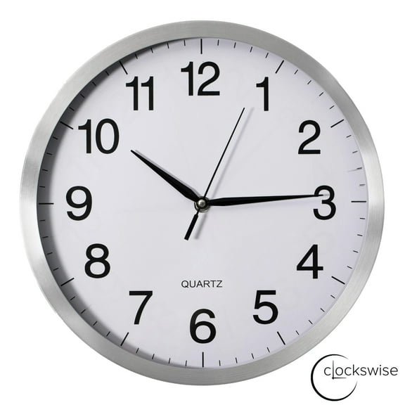 Clockswise 12-in Round Quartz Wall Clock Non-Ticking Battery Operated with Silent Sweep Movement, Aluminum Silver Frame, Perfect for Home Kitchen Office Living Room Study Hallway Classroom, White Face