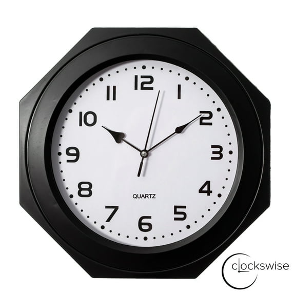 Clockswise 12-inch Non-Ticking Octagon Plastic Analog Wall Clock - Elegant Decorative Accent for Home Décor in Bedroom, Bathroom, Living Room, Dining Room, Entryway, Hallway, Kitchen or Office, Black