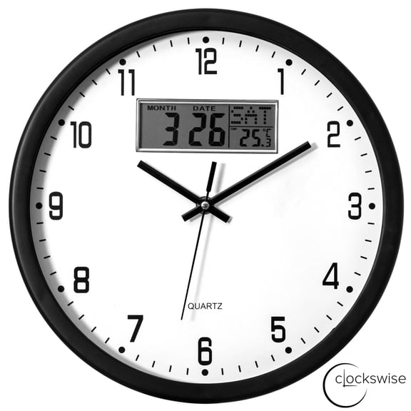 Clockswise 12-inch Wall Clock, Non-Ticking Analog & Digital with Temperature Display Battery Powered, Silent Operation, Switchable Time and Date - Perfect for Classroom Office Bedroom and Study, Black