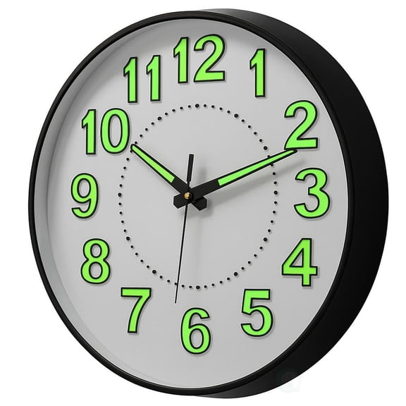 Clockswise Round Wall Clock Glow-in-the-Dark Luminous Green Numbers & Hands Easy-Read Analog Timepiece for Bedroom Living Room Office Kitchen Study Patio Hallway or Nighttime Visibility Display