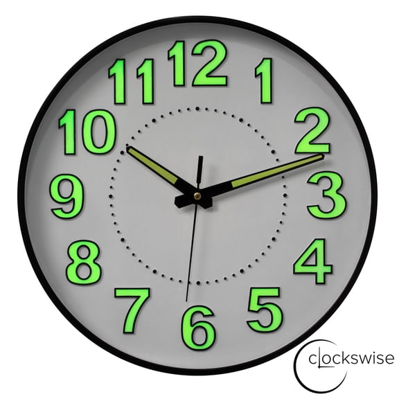 Clockswise 14-in Glow-in-the-Dark Decorative Wall Clock, Non-Ticking Battery Powered - Ideal for Living Room, Kitchen, Office, Bedroom, Hallway, Study, Classroom, Patio, Entryway or Dining Room, Black
