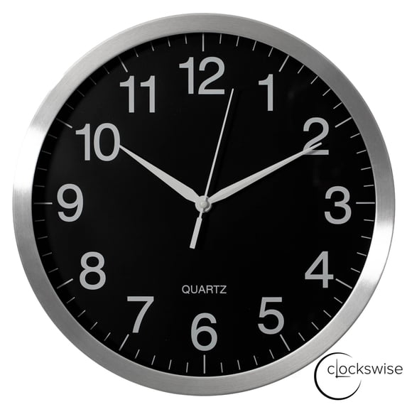 Clockswise 14-in Round Quartz Wall Clock Non-Ticking Battery Operated with Silent Sweep Movement, Aluminum Silver Frame, Perfect for Home Kitchen Office Living Room Study Hallway Classroom, Black Face