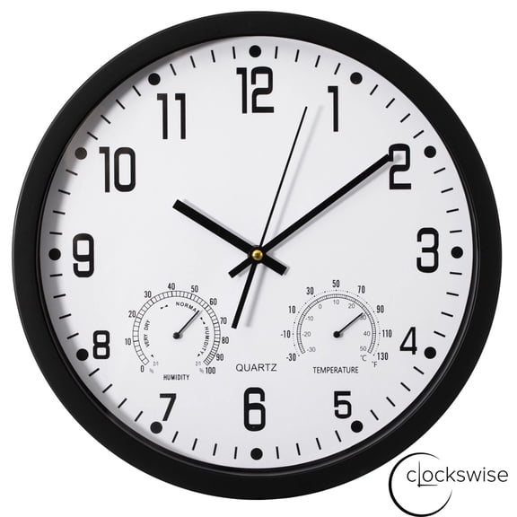 Clockswise 14-inch Non-Ticking Quartz Wall Clock with Thermometer & Hygrometer - Battery Operated Plastic Analog Clock for Temperature & Humidity Monitoring - Ideal for Home, Office or School, Black