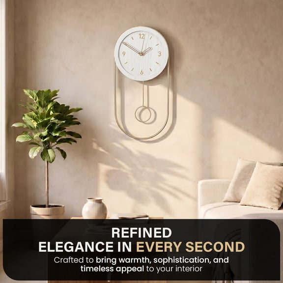 Clockswise 16-Inch Decorative Wall Clock Step Movement Mechanism Metal Frame Wooden Dial and Pendulum Design Battery-Operated Timepiece for Living Room Hallway or Office Décor, White