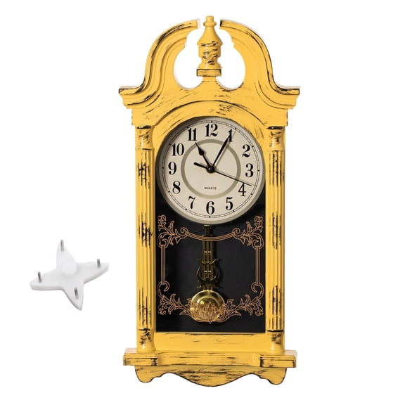 Clockswise 20" Plastic Grandfather Clock in Distressed Finish with Swinging Pendulum & Chiming Sound Battery-Operated Decorative Wall Accent for Home Office Living Room Kitchen Hallway, Yellow