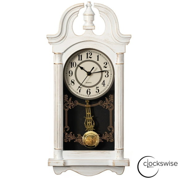 Clockswise 20" Vintage-Inspired Plastic Grandfather Wall Clock with Realistic Wood-Grain Finish Swinging Pendulum Battery-Operated Decorative Accent for Home Office Living Room Kitchen Hallway
