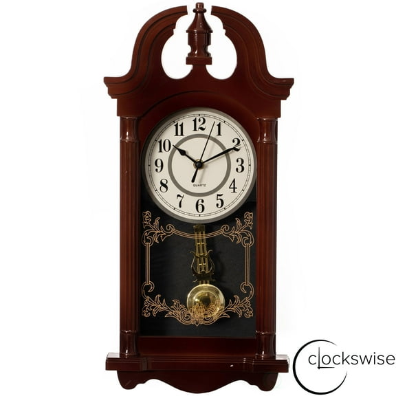 Clockswise 20" Vintage-Inspired Plastic Grandfather Wall Clock with Realistic Wood-Grain Finish Swinging Pendulum Battery-Operated Decorative Accent for Home Office Living Room Kitchen Hallway, Brown
