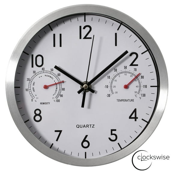Clockswise 8-Inch Non-Ticking Quartz Wall Clock with Thermometer & Hygrometer - Battery Operated Aluminum Analog Clock for Temperature & Humidity Monitoring - Ideal for Home, Office or School, Silver