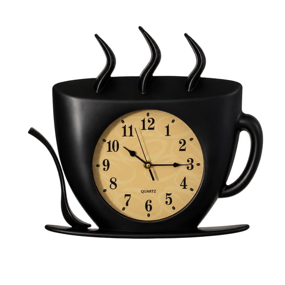Clockswise Coffee Cup Wall Clock Battery-Operated Quartz Timepiece Decorative Accent for Kitchen Coffee Bar Cafe Restaurant Dining Room and Breakfast Nook, Ideal for Home & Office Decor, Black