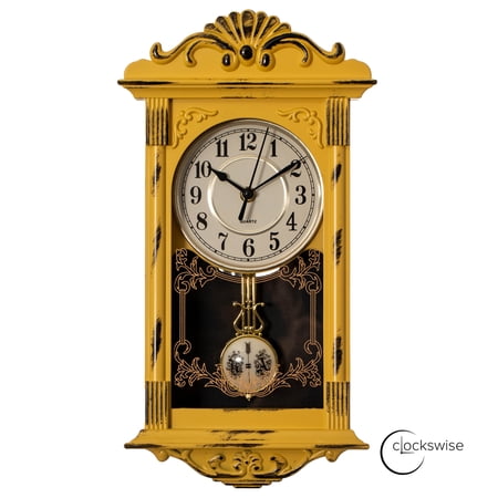 Clockswise Vintage Grandfather-Style Wall Clock with Wood-Effect Plastic Pendulum, Battery-Operated - for Home Decor, Living Room, Home Office, Kitchen or Dining Room – Yellow with Distressed Finish price history and forecast - Clockswise QI004145