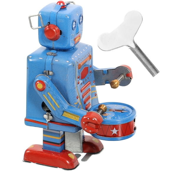 Blue Clockwork Drumming Robot Toy Made of Tinplate for Kids Playing with Quality 1pc