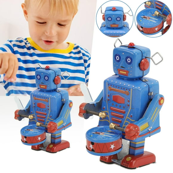 Clockwork Drumming Robot Toy Tinplate Antique Vintage 80s Wind Up Robot Tin Toy Tabletop Bookshelf Figuirine Decor