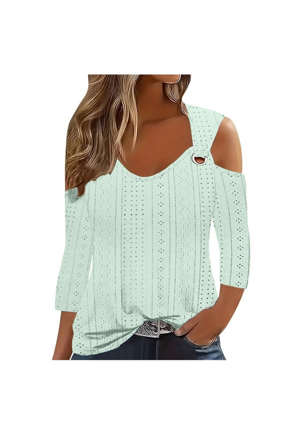 Clod Sholuder Tops for Women 2025 Summer Hollow Out Eyelet Short Sleeve T Shirts Going Out Blouses Ladies Tunic