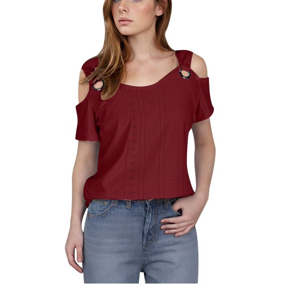 Clod Shoulder Tops for Women Dressy Eyelet Shirts 2025 Summer Casual Short Sleeve V-Neck T Shirts Tunic Blouses