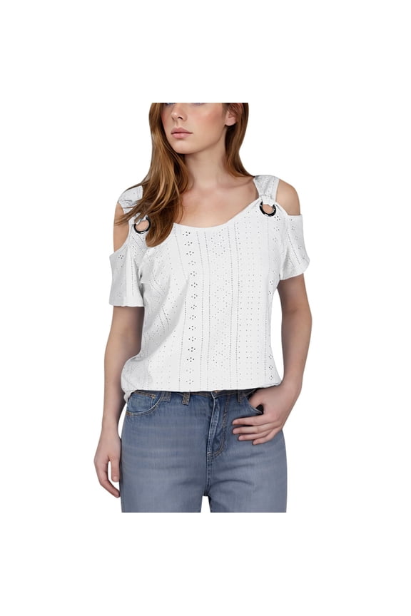 Clod Shoulder Tops for Women Dressy Eyelet Shirts 2025 Summer Casual Short Sleeve V-Neck T Shirts Tunic Blouses