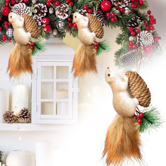 Clode Rustic Squirrel Christmas Hanging Ornaments Tail Squirrel Pendants with Plastic Pinecone Berry & Sprig 5‑Style Optional for Xmas Tree Wreath Holiday Decor