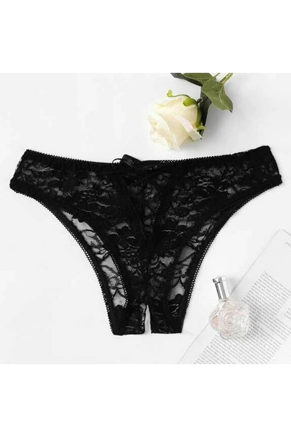 1Pc Women Sexy Floral Lace Panty Underwear Brief Plus Crotchless Thong Lingerie (Black XXL)
