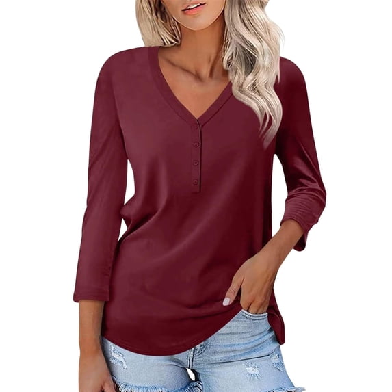 ClodeEU 3/4 Length Sleeve V-Neck Shirts For Womens, Dressy Casual Loose Button Tops Red,Womens Plus XXL