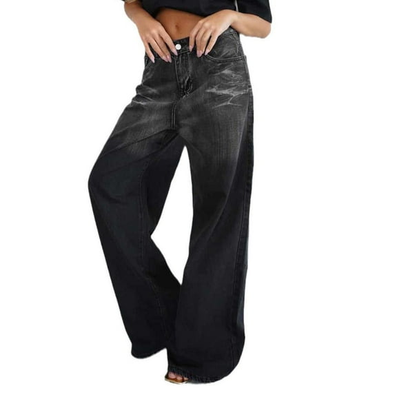 ClodeEU Baggy Jeans for Women, Retro Wash Low Waist Wide Leg Jeans, Loose Oversized Denim Pants Black,Womens Plus M