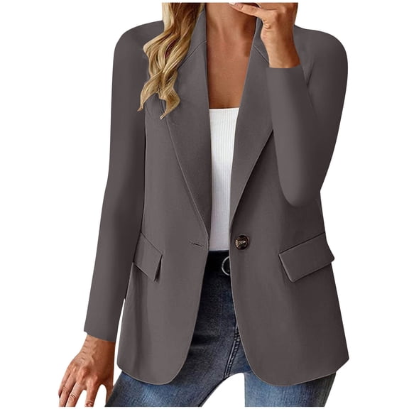 ClodeEU Blazers for Women, Notch Lapel Office Suit Jackets with Pocket, Long Sleeve Button Front Blazer Dark Gray,Womens Plus S