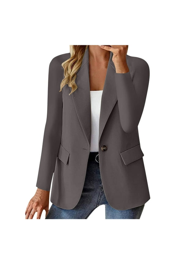Blazers for Women, Notch Lapel Office Suit Jackets with Pocket, Long Sleeve Button Front Blazer Dark Gray,Womens Plus S