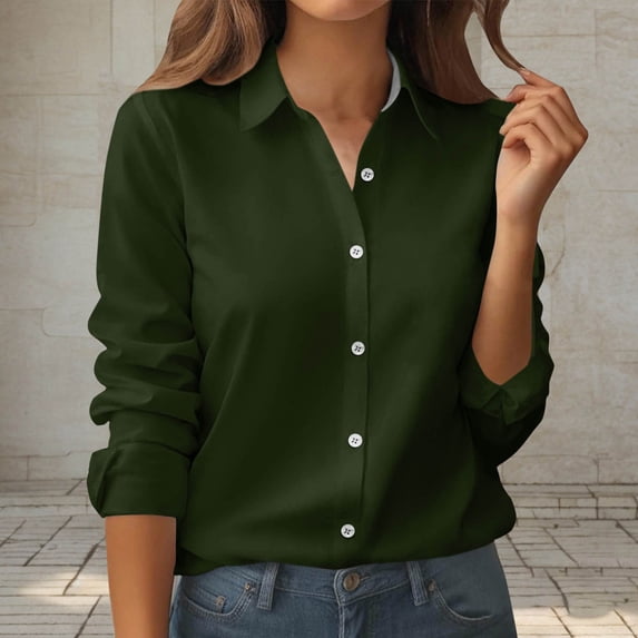 ClodeEU Button Down Shirts for Women,Long Sleeve Business Shirt Casual Blouse for Work Army Green,Womens Plus S