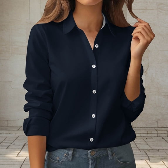 ClodeEU Button Down Shirts for Women,Long Sleeve Business Shirt Casual Blouse for Work Navy,Womens Plus L