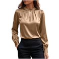 thumbnail image 1 of ClodeEU Button Down Shirts for Women, Satin Silk Shirts for Work, Basic Tops V Neck, Fashion Blouse Brown,Womens Plus S, 1 of 8