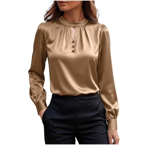 ClodeEU Button Down Shirts for Women, Satin Silk Shirts for Work, Basic Tops V Neck, Fashion Blouse Brown,Womens Plus S