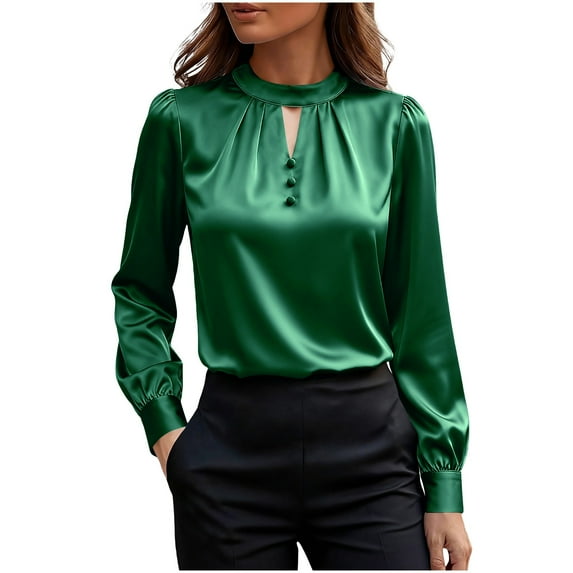 ClodeEU Button Down Shirts for Women, Satin Silk Shirts for Work, Basic Tops V Neck, Fashion Blouse Green,Womens Plus S