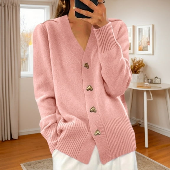 ClodeEU Cardigan Sweaters for Women, V Neck Long Sleeve ,Gold Love Button Down Knit Cardigans Tops Outwear Pink,Womens Plus XL