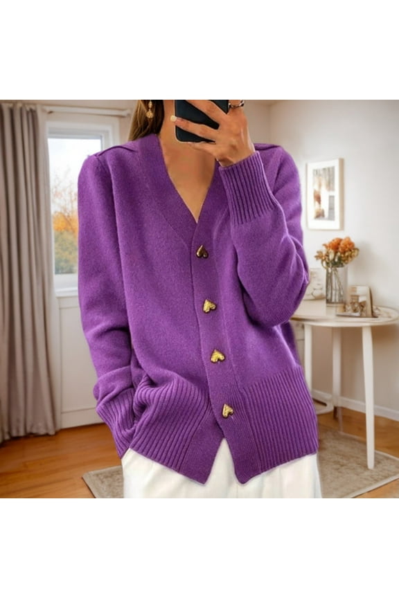 Cardigan Sweaters for Women, V Neck Long Sleeve ,Gold Love Button Down Knit Cardigans Tops Outwear Purple,Womens Plus L