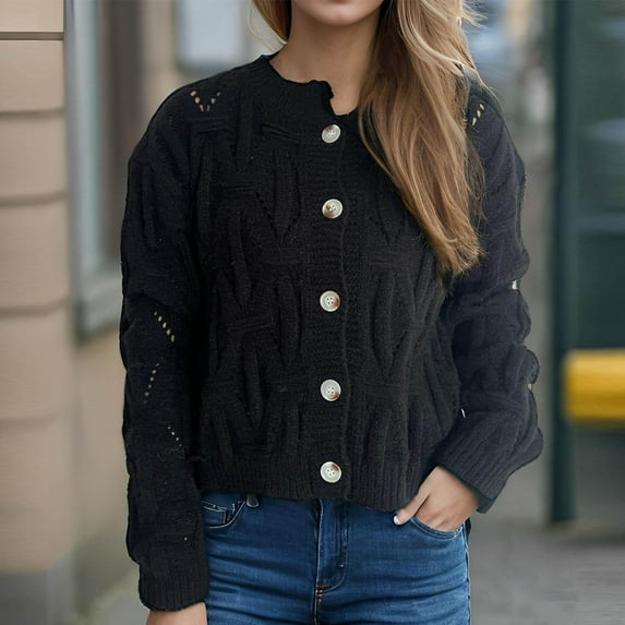 ClodeEU Cardigans for Women ,Lounge Cardigan Sweaters ,Button Down Chunky Knit Sweater ,Vintage Knitwear Black,Womens Plus M