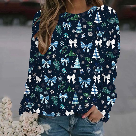 ClodeEU Christmas Print Shirt For Womens,Long Sleeve Round Neck Loose T Shirt , Casual Shirt Fashion Tops Multicolor 05,Womens Plus XL